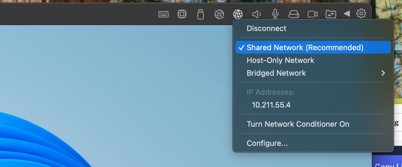 Shared Network (Recommended) selected in the Parallels network menu