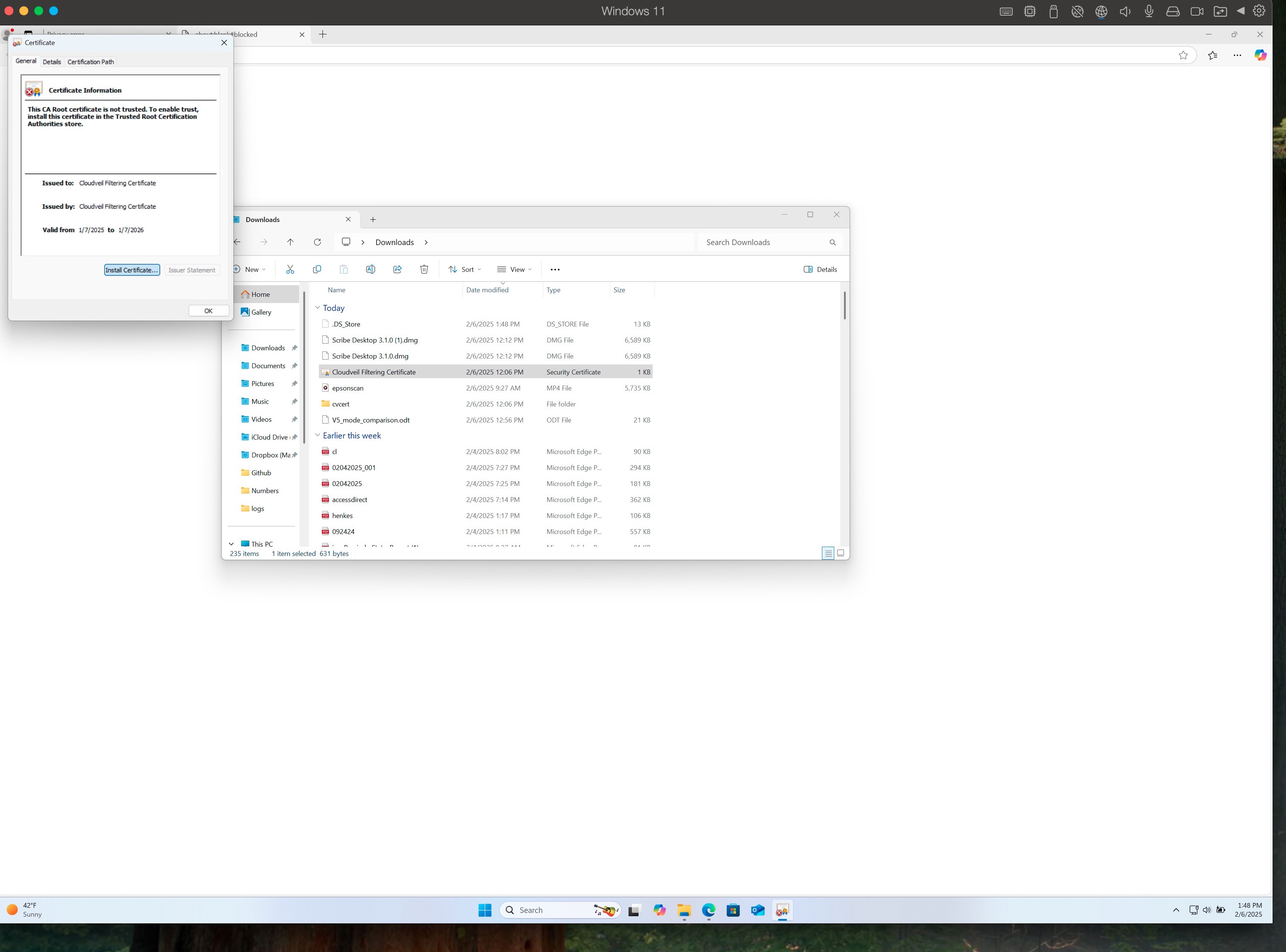 Windows certificate window with the Install Certificate button