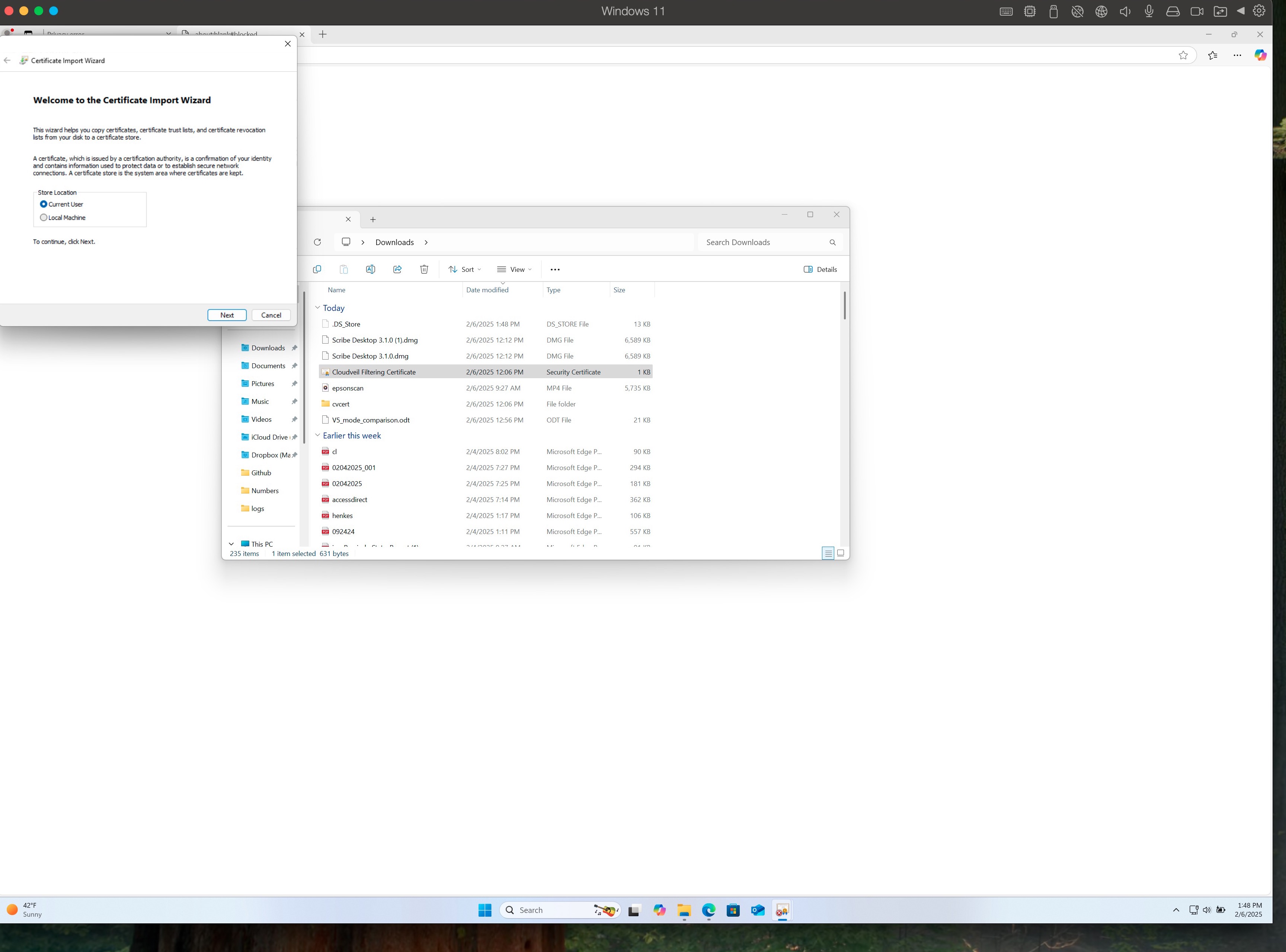Certificate Import Wizard store location screen with Local Machine selected