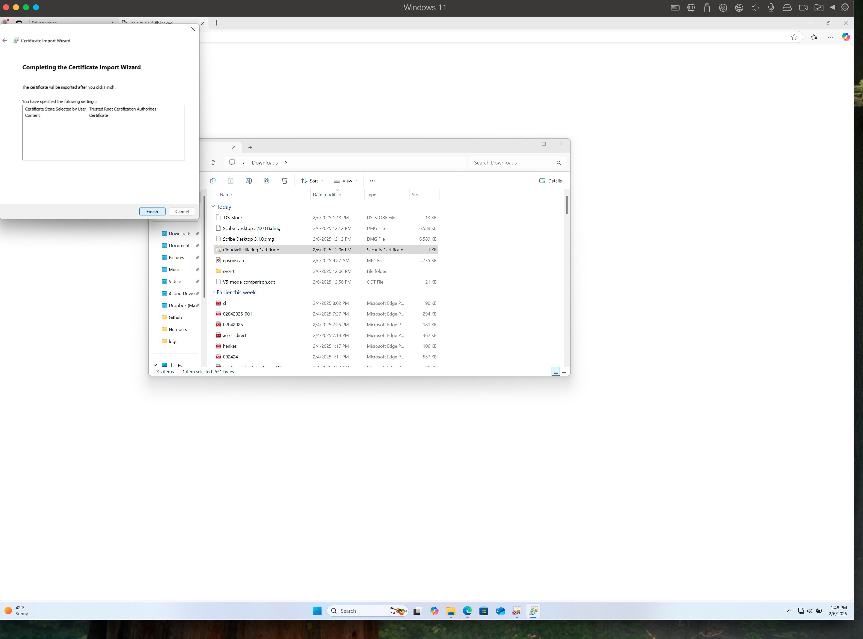 Completing the Certificate Import Wizard summary screen