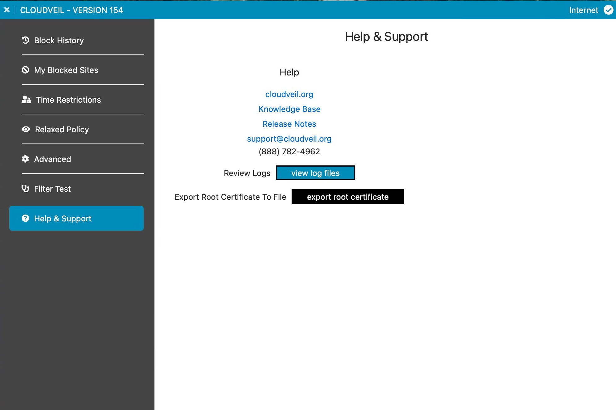 Export root certificate button in CloudVeil for Mac Help and Support
