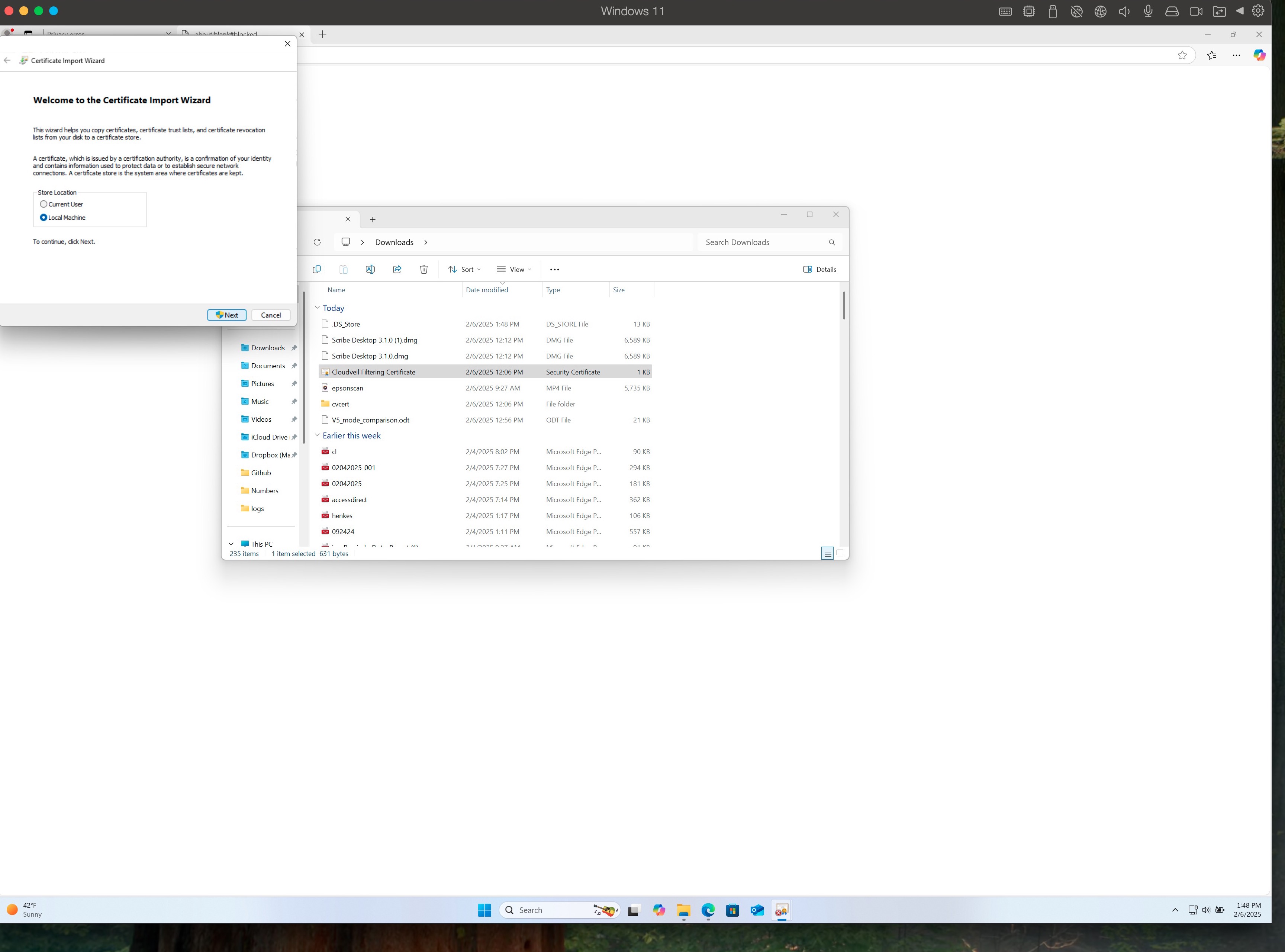 Certificate Import Wizard with Next highlighted