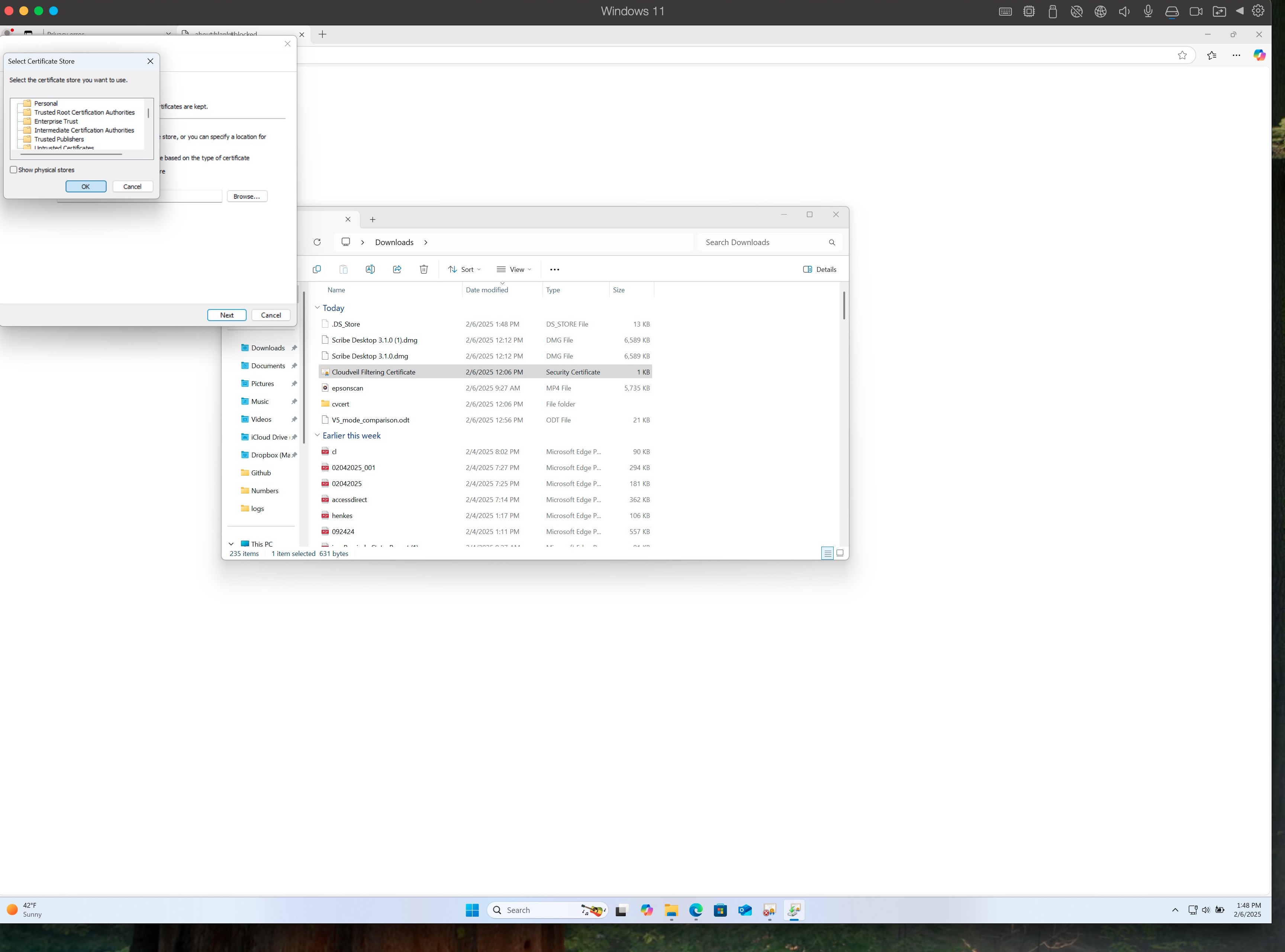 Select Certificate Store dialog with OK